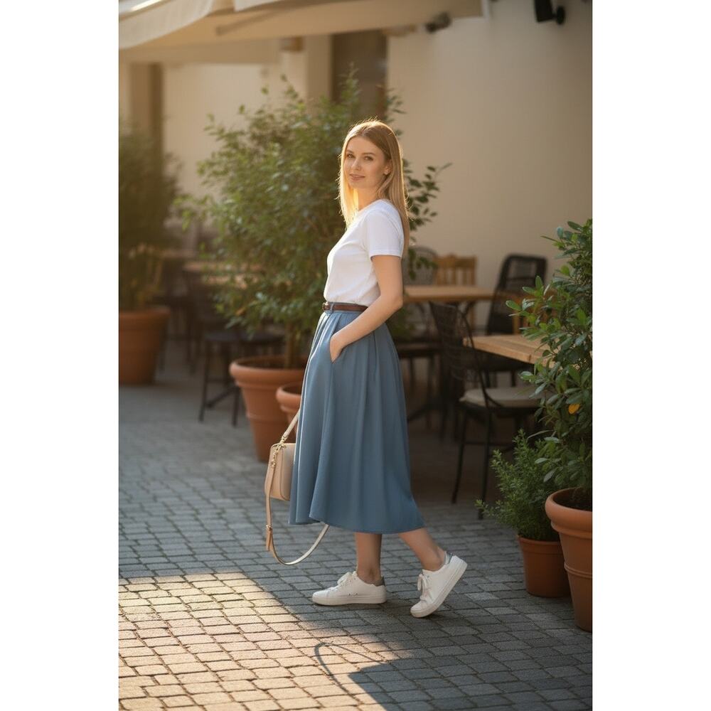 Tulip B Blue Pleated Midi Skirt Belt Pockets Lined Size Medium NEW - Picture 5 of 9